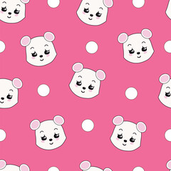 Seamless childish pattern with cartoon bear in kawaii style on a pink background.