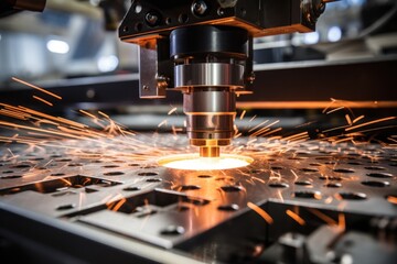 CNC laser cutting of metal, the laser beam that creates and produces a burst of sparks - obrazy, fototapety, plakaty