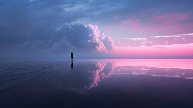 A human silhouette standing thinking about future goal business path self reflection development abstract virtual reality