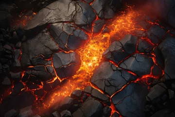 Rolgordijnen abstract cracked earth background with magma. © CreativeCreations