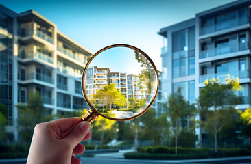 Searching for Real Estate in an Apartment Building, a Hand Holds a Magnifying Glass - obrazy, fototapety, plakaty