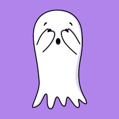 Cute ghost. Halloween ghost character covers eyes with hands. Spooky expression creature. Sticker emoticon fright, spying, surprise emotion. Vector illustration