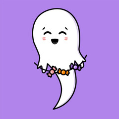 Cute ghost. Halloween ghost character with candies. Spooky expression creature. Sticker emoticon with joy, fun, happiness, warm  emotion. Vector illustration