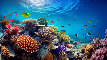 Fototapeta na wymiar A mesmerizing underwater coral reef teeming with colorful fish. AI Generative.