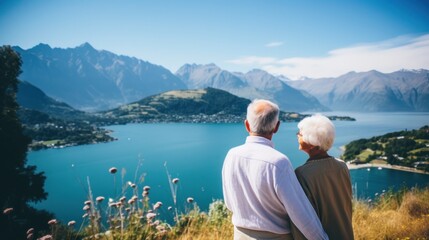 Senior couple, moutains and lake view background