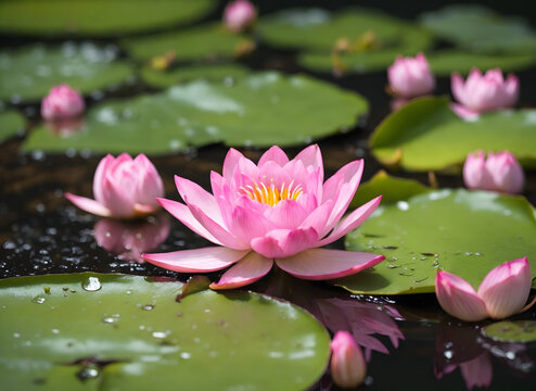 pink water lilies with buds, generative ai