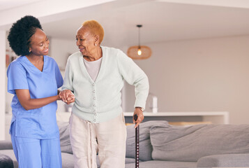 Nurse, holding hands and senior black woman with walking stick, help or smile in home. Caregiver,...