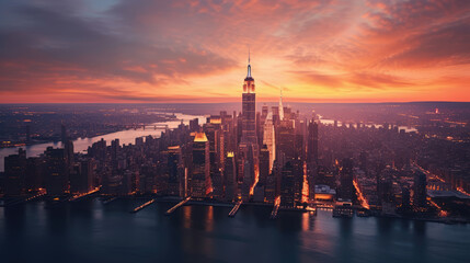 Fototapeta na wymiar New York downtown at sunset, aerial view