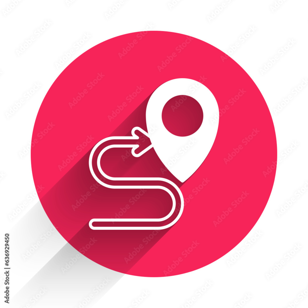 Poster white route location icon isolated with long shadow. map pointer sign. concept of path or road. gps 