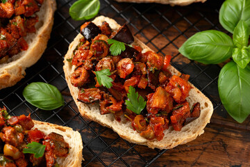 Sicilian Eggplant, Aubergine caponata with fresh white bread