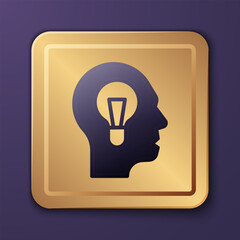 Purple Human with lamp bulb icon isolated on purple background. Concept of idea. Gold square button. Vector