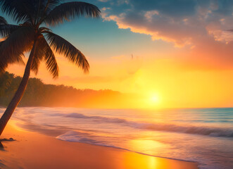 Landscape beautiful beach and waves and romantic sunset. 