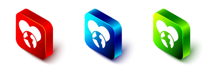 Isometric The heart world - love icon isolated on white background. Red, blue and green square button. Vector