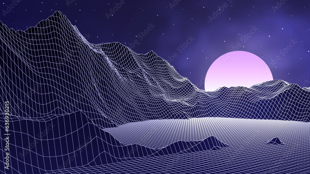 Poster Futuristic wireframe landscape. Retro vector grid with stars and sun. Perspective tile of lines. Detailed vector illustration.