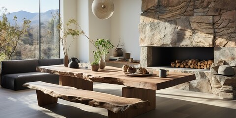 The interior of the modern rustic or country dining room mixes furniture with sofas. Wooden table with fireplace with warm sunlight.