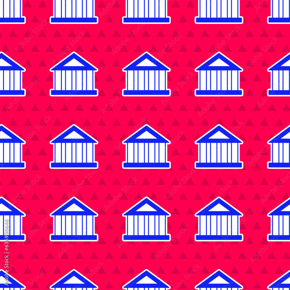 Poster blue bank building icon isolated seamless pattern on red background. vector