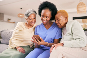Phone, caregiver and elderly women on sofa to browse internet, telehealth and mobile app together....