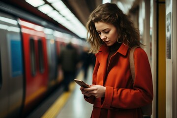 Young girl phone london subway. Generate Ai
