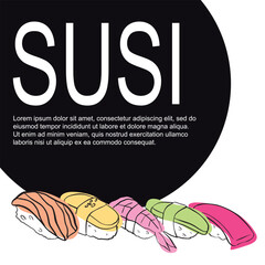 Vector creative poster with linear sushi or sashimi with color spots. For advertising, menu design, banners and printing products