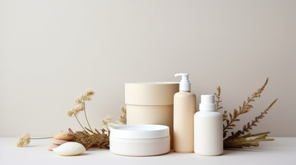 Fototapeta na wymiar Nature osmetic skin care products on white background flat lay