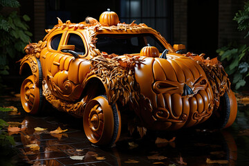 Pumpkin car hybrid for Halloween party - obrazy, fototapety, plakaty
