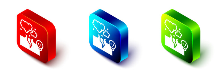 Isometric Poisonous cloud of gas or smoke icon isolated on white background. Stink bad smell, smoke or poison gases, chemical toxic vapour. Red, blue and green square button. Vector