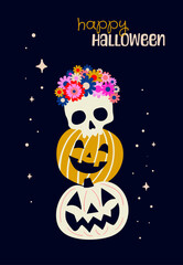 Happy Halloween vertical banner. Vector illustration with pumpkins and skull.