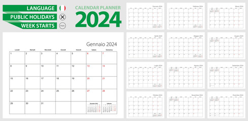 Italian calendar planner for 2024. Italian language, week starts from Monday. - obrazy, fototapety, plakaty