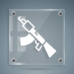 White Submachine gun icon isolated on grey background. Kalashnikov or AK47. Square glass panels. Vector
