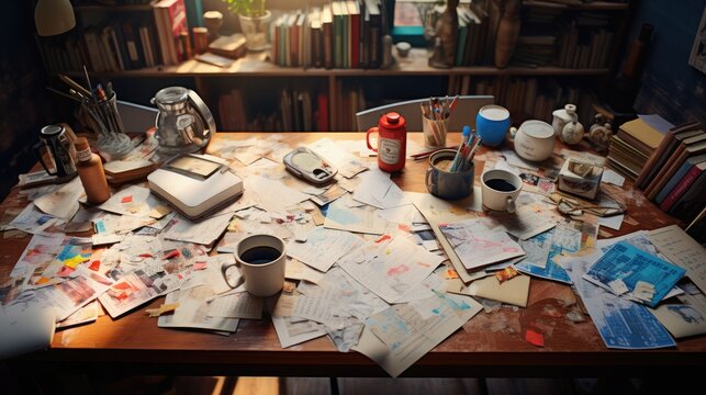 Concept of Uninspired Workspace: An office desk cluttered with disorganized papers and empty coffee cups, representing a lack of motivation.