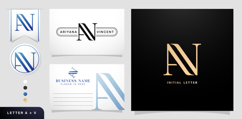 AV monogram letter logo Design with business cards templates minimalist for initials wedding invitations, Stationery, Layouts collages, print materials business, screen printing, letterpress foil gold