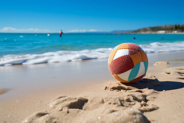 Obraz premium Colorful beach ball stands tall on the wet white sand