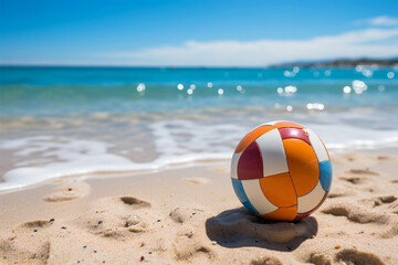 Colorful beach ball stands tall on the wet white sand