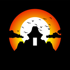 vector Landscape with silhouettes of temple, flock of birds, clouds and sunrise