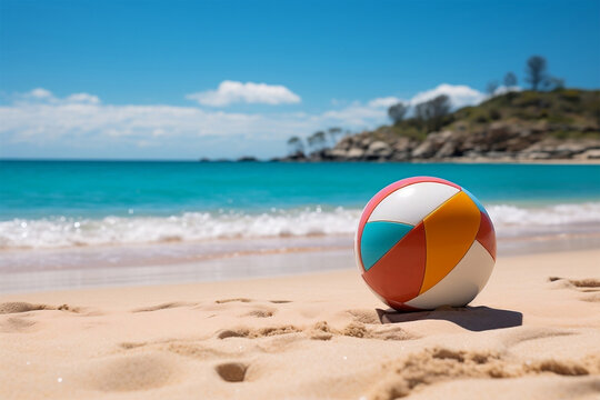 Colorful beach ball stands tall on the wet white sand