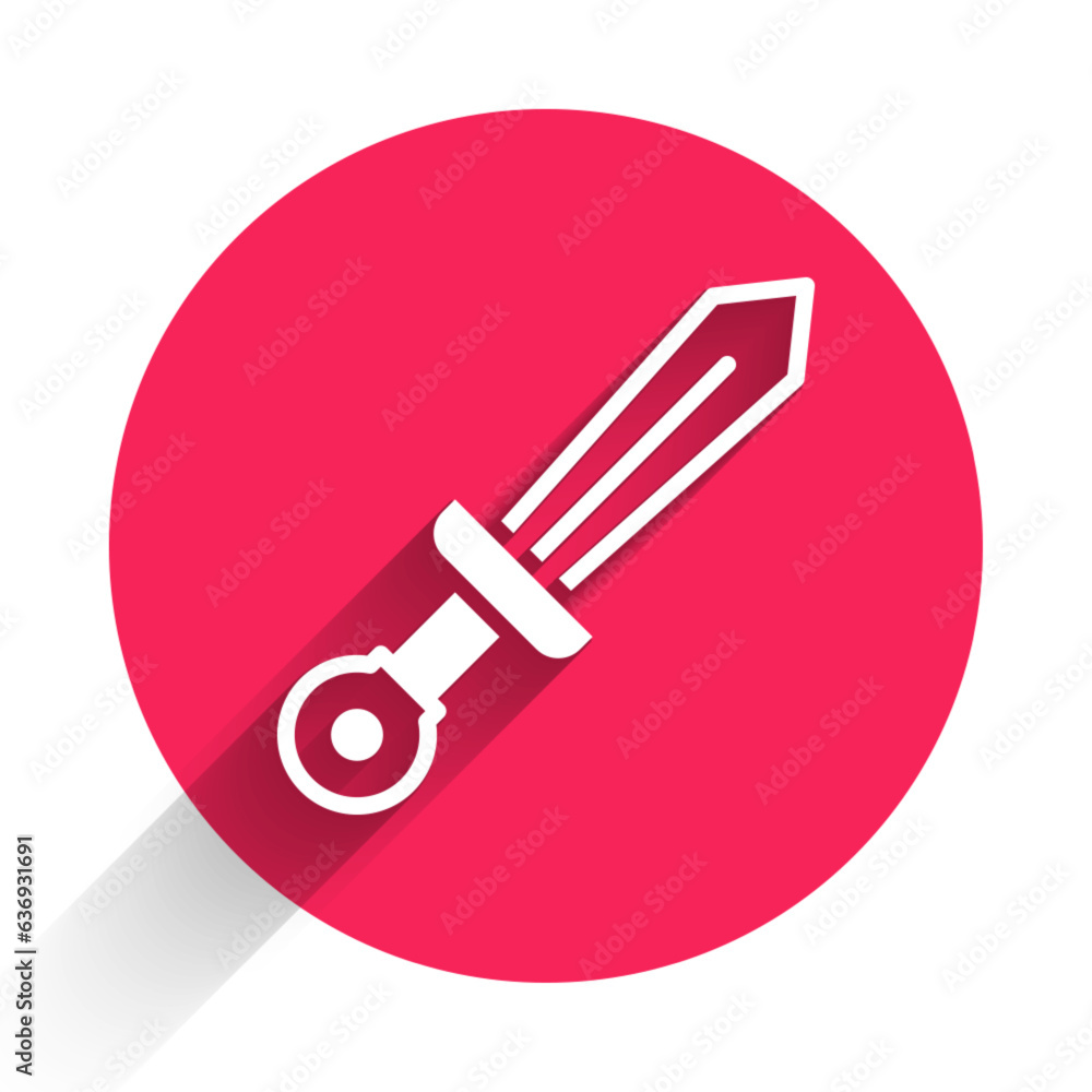 Poster white medieval sword icon isolated with long shadow background. medieval weapon. red circle button. 