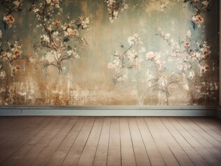 empty interior room with grunge floral wallpaper. 