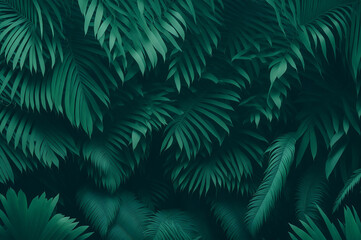 beautiful green jungle of lush palm leaves, palm trees in an exotic tropical forest, selective sharpness tropical plants nature concept for panorama wallpaper,