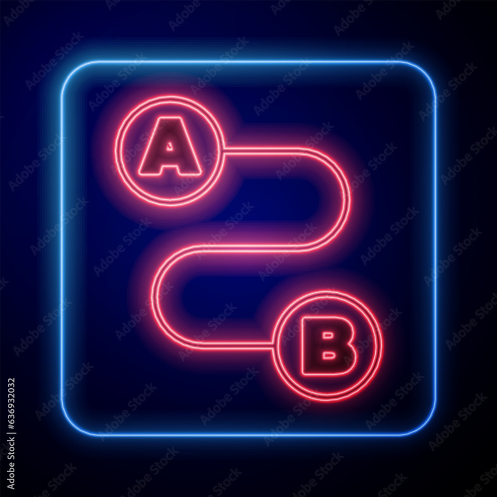 Poster glowing neon route location icon isolated on black background. map pointer sign. concept of path or 