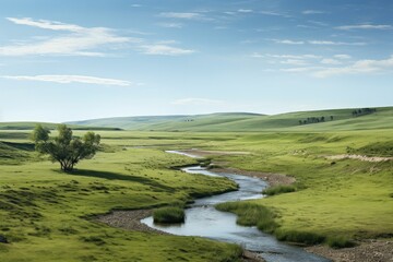 Fototapeta na wymiar harmonic scenery of natural grassland with a small river. 