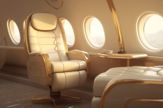 Luxury business jet plane airplane private jet empty interior during flight fast bright luxurious seat leather chair materials windows glass wealth journey flying evening landing style stylish design