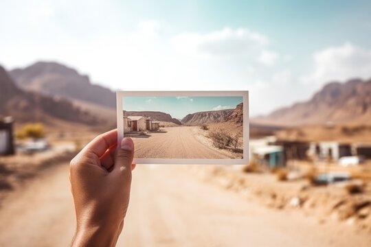 Close up hands unrecognizable traveler tourist holding postcard photo image picture exact place sightseeing natural landscapes nature sandy desert road sand mountains memories vacation tourism picture