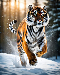 Fototapeta premium a tiger jumping in the snow of a winter landscape - generative ai