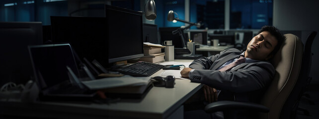 An office worker is sleeping in his chair at a desk in a business office, copy space. Created using generative artificial intelligence technology.
