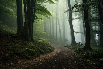 misty image of a foggy mountain during dawn. 