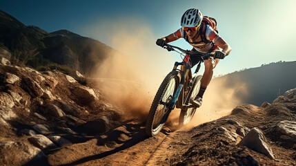 Naklejka premium Female cyclist riding bicycle on mountain trail, woman on sports bike, Generative Ai