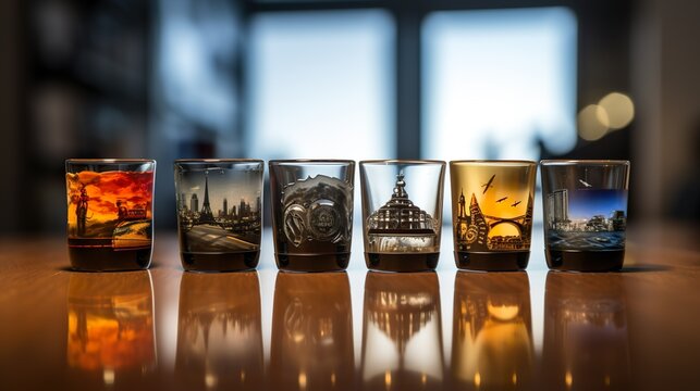 Souvenir shot glasses from different places made with Ai   generative technology