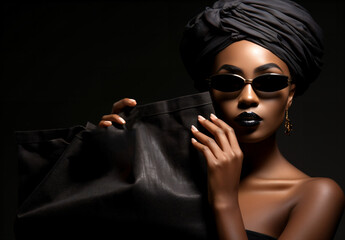 Fashion industry, Portrait closeup Beauty fantasy african woman shopping on black background, black friday concept