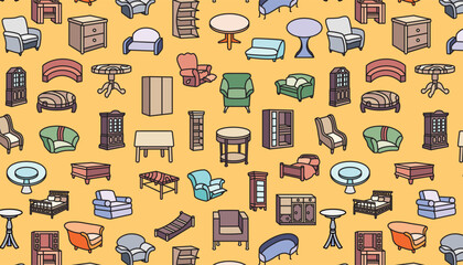 Seamless pattern of outlined furniture on an egg yolk yellow background.