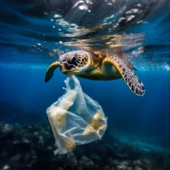 Poster Sea turtle swimming the ocean surrounded by floating garbage and plastic bags. Concept of ocean pollution and the global environmental disaster. Shallow field of view. © henjon